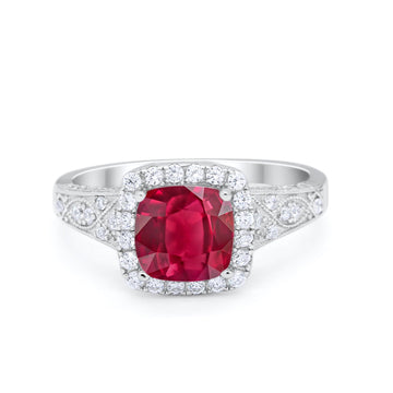 Cushion Art Deco Wedding Ring Simulated Ruby CZ 925 Sterling Silver